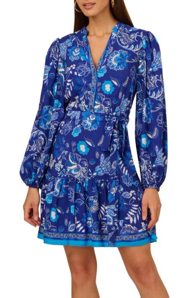 Adrianna Papell Print Tie Waist Long Sleeve Dress In Blue Multi