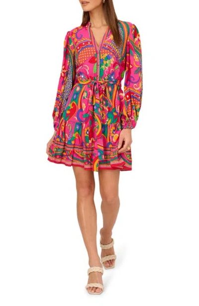 Adrianna Papell Print Tie Waist Long Sleeve Dress In Pink Multi