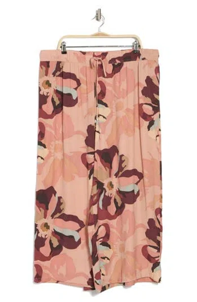Adrianna Papell Print Wide Leg Drawstring Pants In Deep Burg Large Sunset Floral