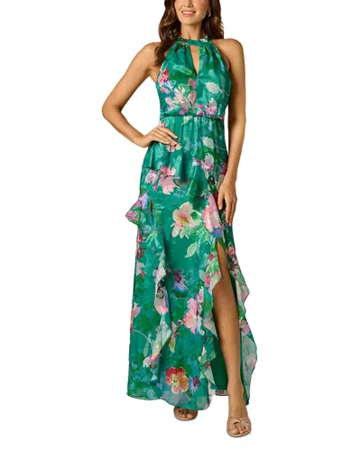 Adrianna Papell Floral Chiffon Blouson Ruffle Halter Gown In Green Multi