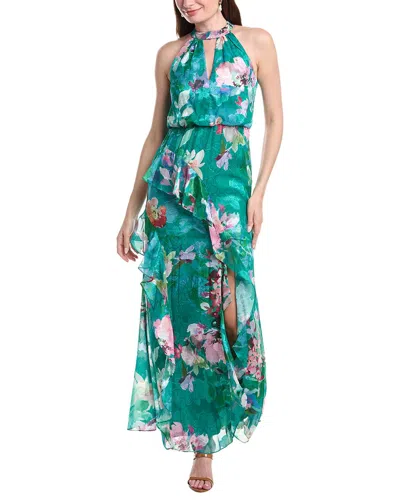 Adrianna Papell Floral Chiffon Blouson Ruffle Halter Gown In Green Multi