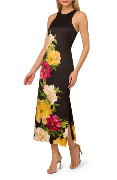 Adrianna Papell Printed Satin Cocktail Dress In Black Multi