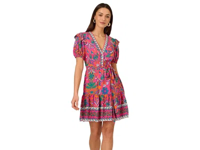 Adrianna Papell Printed Short Flounce Dress In Pink