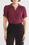 Adrianna Papell Puff Sleeve Button-up Top In Deep Burgundy