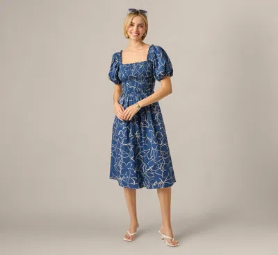 Adrianna Papell Puff Sleeve Floral Printed Blaire Midi Dress In Navy Ecru In Blue