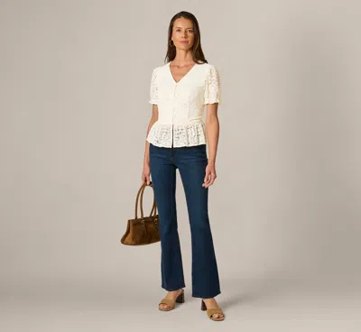 Adrianna Papell Puff Sleeve Lace Ruffle Peplum Top In Ivory In White