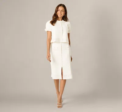 Adrianna Papell Puff Sleeve Pearly Trim Collared Sweater In Meringue In White