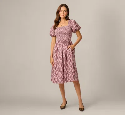 Adrianna Papell Puff Sleeve Printed Blaire Midi Dress In Blush Brown Multi