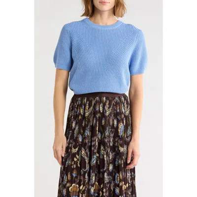 Adrianna Papell Ribbed Crewneck Short Sleeve Sweater In Blue