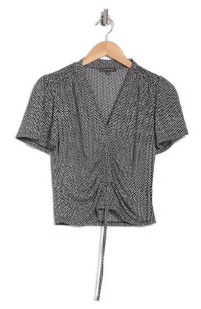 Adrianna Papell Ruched Tie Front Top In Black/ivory Cloud Carnation
