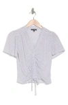 Adrianna Papell Ruched Tie Front Top In Ivory/black Small Dot