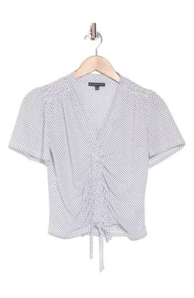 Adrianna Papell Ruched Tie Front Top In Ivory/black Small Dot