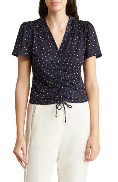 Adrianna Papell Ruched Tie Front Top In Navy/khaki Basic Dot