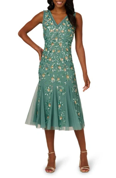 Adrianna Papell Ruffle Beaded Midi Mermaid Cocktail Dress In Slate