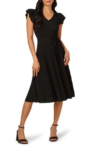 Adrianna Papell Ruffle Cap Sleeve Ribbed Sweater Dress In Black