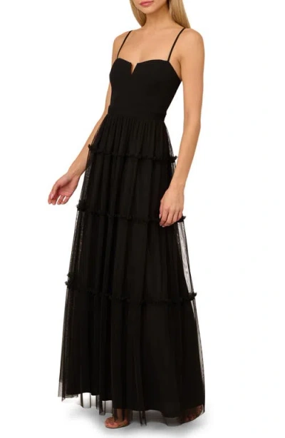 Adrianna Papell Ruffle Crepe & Mesh Gown In Black