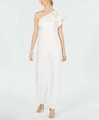 Adrianna Papell Ruffle Detail One Shoulder Jumpsuit In Ivory In White