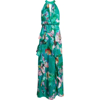 Adrianna Papell Ruffle Floral Evening Gown In Green