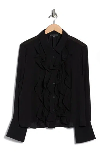 Adrianna Papell Ruffle Front Button-up Shirt In Black