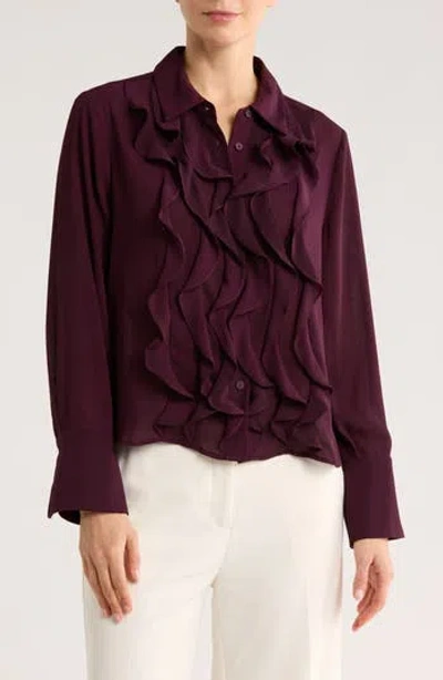 Adrianna Papell Ruffle Front Button-up Shirt In Brown