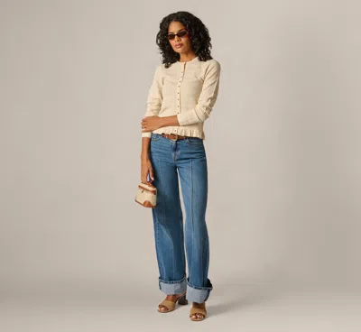 Adrianna Papell Ruffle Hem Cable Knit Cardigan Sweater In Cream In White