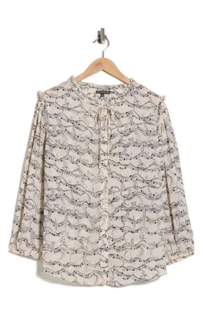 Adrianna Papell Ruffle Neck Woven Button-up Shirt In Neutral