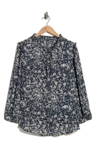 Adrianna Papell Ruffle Neck Woven Button-up Shirt In Blue