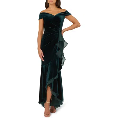 Adrianna Papell Ruffle Off The Shoulder Velvet Gown In Hunter