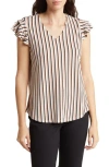Adrianna Papell Ruffle Sleeve V-neck Top In Cocoa/ivory Triple Stripe