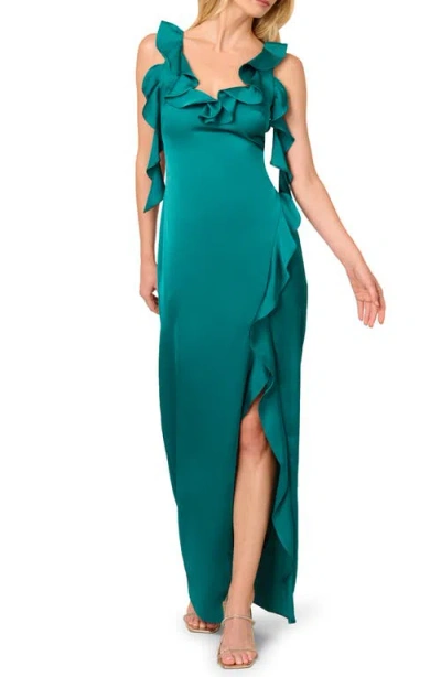 Adrianna Papell Ruffle Stretch Satin Column Gown In Deep Emerald