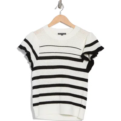 Adrianna Papell Ruffle Stripe Pointelle Sweater In Black