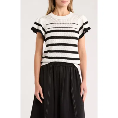 Adrianna Papell Ruffle Stripe Pointelle Sweater In Neutral
