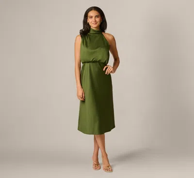 Adrianna Papell Satin Blouson Halter Midi Dress In Olive Cypress
