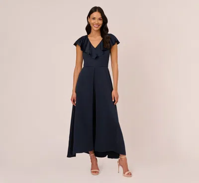 Adrianna Papell Satin Crepe Ruffled Cropped Jumpsuit In Dark Navy In Blue