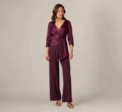 Adrianna Papell Satin Crepe Three Quarter Sleeve Jumpsuit With Buckle Waist In Bordeaux Glow In Pink