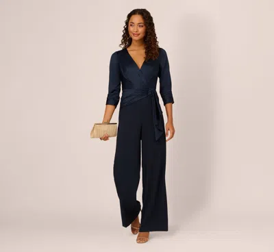 Adrianna Papell Satin Crepe Three Quarter Sleeve Jumpsuit With Buckle Waist In Dark Navy In Blue