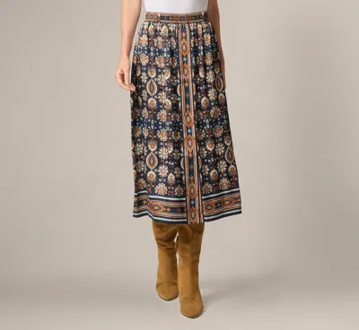 Adrianna Papell Satin Front Slit A Line Midi Skirt In Navy Climbing Roses In Blue