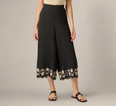 Adrianna Papell Scalloped Floral Embroidery Cropped Pant In Black Ivory
