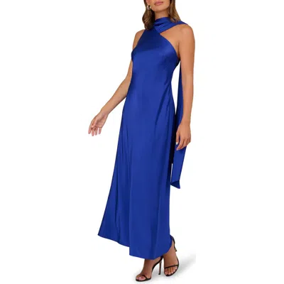 Adrianna Papell Scarf Detail Stretch Satin Gown In Blue