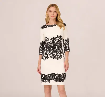 Adrianna Papell Scroll Lace Midi Dress With Three Quarter Sleeves In Ivory Black In Multi