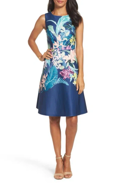 Adrianna Papell Scuba Fit & Flare Dress In Blue