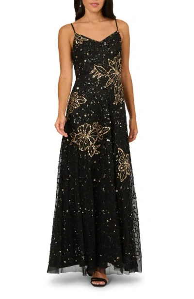 Adrianna Papell Sequin & Bead Floral Mesh Gown In Black