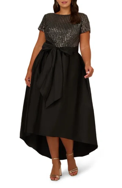 Adrianna Papell Sequin Bodice High-low Taffeta Gown In Black Gunmetal