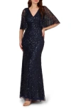 ADRIANNA PAPELL SEQUIN CAPELET MERMAID GOWN