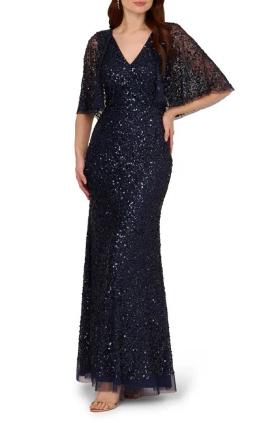 Adrianna Papell Sequin Capelet Mermaid Gown In Light Navy