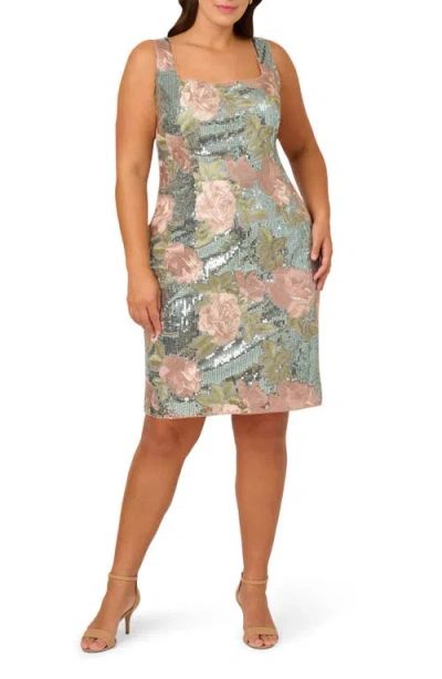 Adrianna Papell Sequin Embroidery Sheath Cocktail Dress In Sage Multi