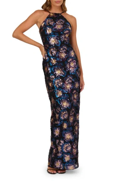 Adrianna Papell Sequin Floral Column Gown In Blue