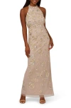 Adrianna Papell Sequin Floral High Neck Column Gown In Marble