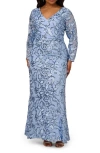 Adrianna Papell Sequin Floral Long Sleeve Mermaid Gown In Electric Ice