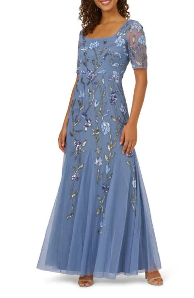 Adrianna Papell Sequin Floral Mesh Mermaid Gown In French Blue